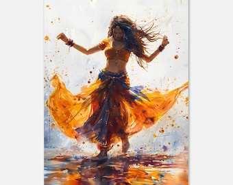 May include: A watercolor painting of a woman in a flowing orange and blue skirt, dancing with her arms outstretched. The background is a white canvas with splashes of color.