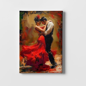 Stylish Flamenco Dancing Couple | Red Dress Spanish Wall Art | Canvas & Framed Decor | Traditional Spanish Culture Art| Spanish couple print