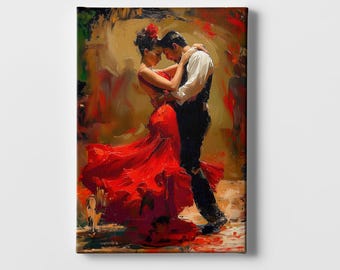 May include: A painting of a couple dancing. The woman is wearing a red dress and the man is wearing a black suit. The painting is done in a painterly style with loose brushstrokes.