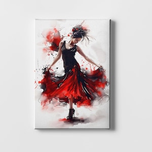 Flamenco Spirit: Spanish Art Print - Young Girl in Red & Black Dress - Large Canvas Wall Art - Dance Poster - Elegant Flamenco Passionate