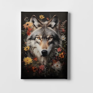 Floral Wolf Face Wall Art - Dark botanical forestcore cottagecore Aesthetic, Shabby Chic Decor, Unique woodland animal wall art