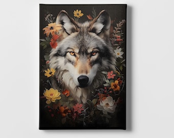 Floral Wolf Face Art: Dark Forest Cottagecore Decor