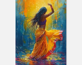May include: A painting of a woman in a yellow sari dancing in the rain. The background is a vibrant blue and yellow with splashes of color.