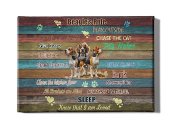 Könnte beinhalten: Ein farbenfrohes Holzschild mit einer Liste von Beagle-Regeln. Das Schild zeigt drei Beagle-Hunde, Pfotenabdrücke und Herzen. Der Text auf dem Schild lautet: "Beagle's Rule", "If I like it, it's mine", "Play Outside", "Chase the Cat", "Give Kisses", "Roll on a dead squirrel", "Live, Love, Lick", "Bark at everything", "Clean the kitchen floor", "All Blankets are Mine", "Always Be Faithful", "Sleep", "Know that I am Loved".
