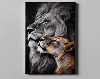 Lion Couple Canvas Print – Romantic Wildlife Painting | Animal Wall Art, Bedroom Decor