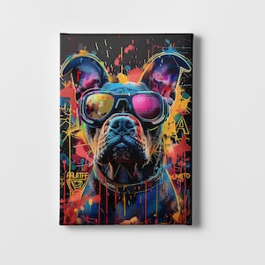 Poster mit Brille Bulldogge | Banksy Bulldogge Wandbild | Leinwanddruck Hund mit Brille | Tierportrait | Fertig zum Aufhängen
