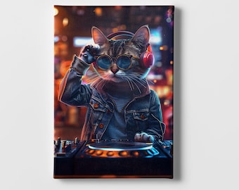 Trippy DJ Cat Canvas Art – Psychedelic Music Poster, Vibrant Colors