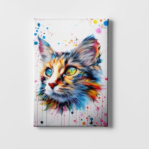 Whimsical Cat Watercolor Wall Art | Colorful Pet Portrait | Ready-to-Hang Canvas Décor | Artistic Canvas | Vibrant Pet Portrait Wall Décor