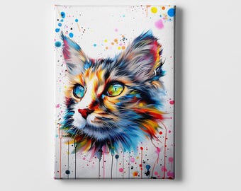 Colorful Watercolor Cat Portrait Canvas Wall Art – Whimsical Feline Home Decor