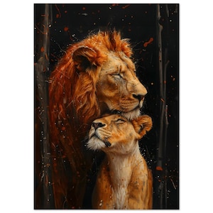 Toile couple de lions majestueux - oeuvre d&#39;art murale romantique pour chambre à coucher ou décoration de salon - oeuvre d&#39;art romantique animalière - différentes tailles et options