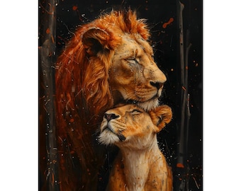 Lion Couple Canvas Art – Romantic Wildlife Print