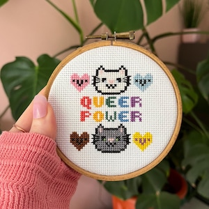 QUEER POWER LGBTQIA+ Pride Cross Stitch Pattern - Progress Pride Flag - Pride Cat X Stitch - Queer Cross Stitch - Trans, Queer, Intersex