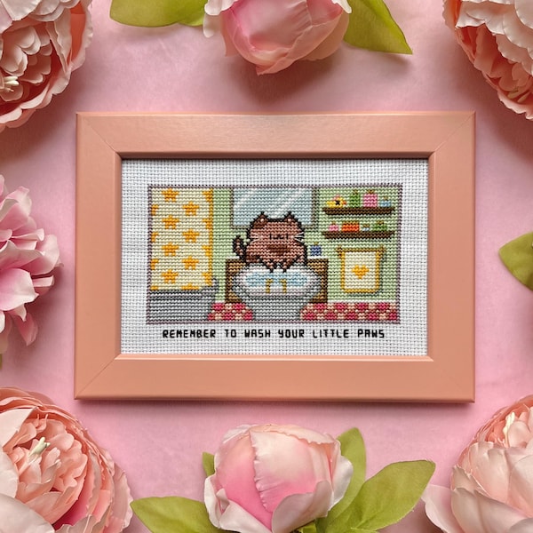 Remember To Wash Your Little Paws Cat Bathroom Cross Stitch Pattern - Cat Lovers - Cat Lady Gift Ideas - Cat Cross Stitch - Bathroom Décor