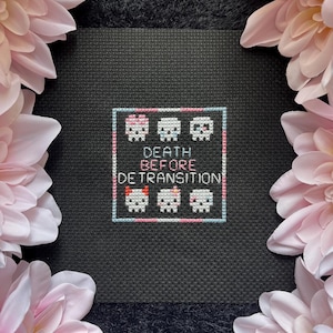 May include: Cross-stitch art on black fabric featuring six skull designs with bows, framed by a pink and blue border. The text "DEATH BEFORE DETRANSITION" is stitched below the skulls. Pink flowers frame the artwork.