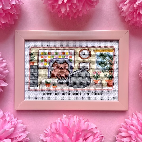 I Have No Idea What I'm Doing Cat Office Job Cross Stitch Pattern, Cat Lovers, Sarcastic X Stitch, Cute Silly Cat Embroidery, Office Humor