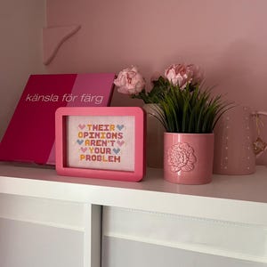Puede incluir: Un bordado en punto de cruz enmarcado en rosa con el texto "THEIR OPINIONS AREN'T YOUR PROBLEM" descansa sobre una estanter&iacute;a blanca. Junto a &eacute;l, una maceta rosa con un dise&ntilde;o floral y un libro rosa con el texto "k&auml;nsla f&ouml;r f&auml;rg".