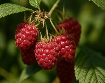 May include: Close-up of ripe red raspberries on a green leafy branch. The raspberries are clustered together, showcasing their textured surface and vibrant color. The image highlights the natural beauty of the fruit.