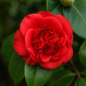 May include: A vibrant red camellia flower in full bloom, showcasing layers of petals. The flower is surrounded by glossy, dark green leaves, creating a striking contrast. The image is a close-up, highlighting the flower's intricate details.