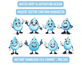 Wassertropfen Maskottchen Vektor Pack | Niedliche Cartoon Charakter Illustrationen für Eco & Edukation Designs | Sofortiger Download PNG-SVG-Dateien Bündelung