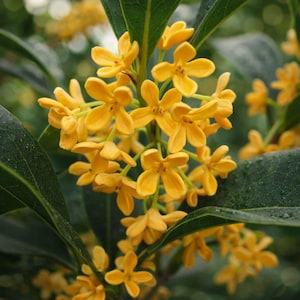 May include: Close-up of a cluster of small, bright yellow flowers with five petals each. The flowers are in full bloom, surrounded by dark green, glossy leaves. The image is well-lit, highlighting the details of the floral arrangement.
