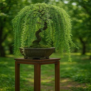 May include: A meticulously crafted bonsai tree with cascading green foliage, displayed in a dark brown ceramic pot. The tree sits atop a square, wooden stand, all set against a blurred green background. The bonsai's trunk has a twisted, artistic shape.
