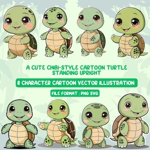 Chibi-Style Cartoon Turtle - 8 Character Vector Illustration Set (PNG and SVG)