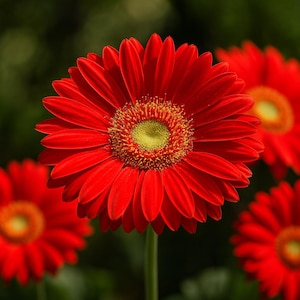 May include: Close-up of vibrant red gerbera daisies with yellow centers and green stems. The petals are layered and detailed, with a few other blooms slightly out of focus in the background. The flowers are set against a dark green backdrop.