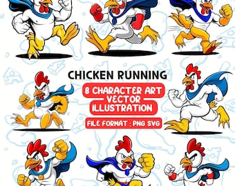 Huhn Laufendes Maskottchen Vektor Illustration Set - 8 Zeichen | Digitaler Download | 300 DPI PNG und SVG verfügbar