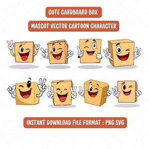 Cute Cardboard Box Mascot Vector Pack | Cartoon Packaging Character Illustrations | Instant Download PNG SVG Files Bundling Package