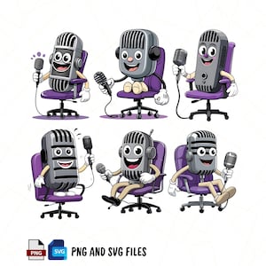 Podcast Microphone Mascot Vector Illustration – Fun and Creative Cartoon Characters for Content Creators — Instant Download Bundling
