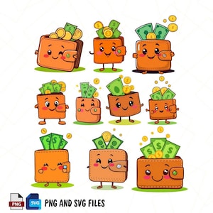 Cute Wallet Vector Illustration with Money – Chibi Cartoon Mascot for Digital Designs – Instant Download PNG SVG Files Bundling