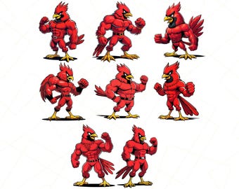 Starke Kardinal Maskottchen Vektor-Illustration - Gewagte Comic Vogel Charaktere für Sport und Branding — Sofort Download Set