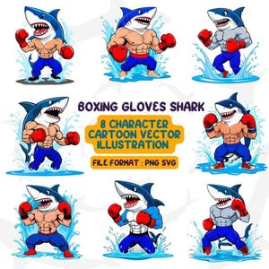 Conjunto de vectores de dibujos animados de tiburón boxeador / Descarga digital / 8 ilustraciones PNG y SVG