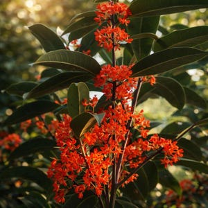 May include: Close-up of a plant with vibrant orange flowers clustered along dark stems. The plant has large, dark green leaves. The background is blurred, suggesting a natural outdoor setting with sunlight.