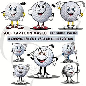 Conjunto de ilustraciones vectoriales de dibujos animados de mascotas de golf de 8 piezas: PNG y SVG de alta resolución de 300 DPI