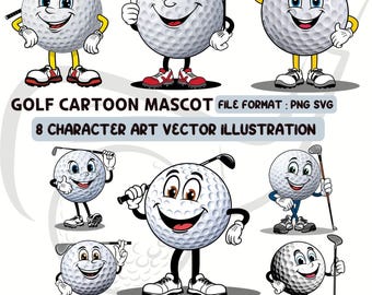 8-teiliges Golf Maskottchen Cartoon Vektor Illustration Set - 300 DPI hochauflösende PNG und SVG