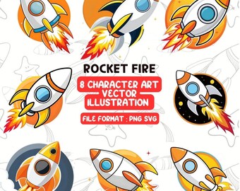 Rocket Fire Vector Art - 8 Unique Rocket Illustrations | Digital Download PNG and SVG (300 DPI)