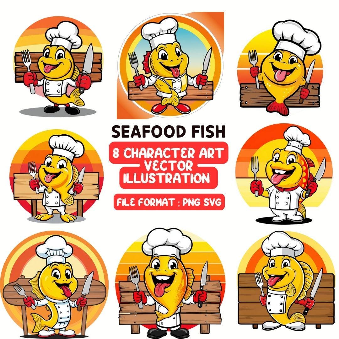 Koch Seafood Fisch Clipart Bundle - 8 lustige Charakter Illustrationen | Digitaler Download | PNG- und SVG-Dateien | 300 DPI