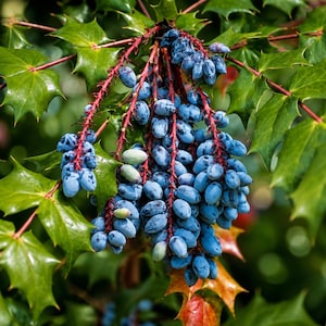 May include: A cluster of oval-shaped, dusty blue berries hangs from thin, reddish-brown stems. The fruit is surrounded by glossy, dark green, spiky-edged leaves that have a firm, leathery texture and prominent veins throughout the foliage.