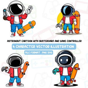 Ilustraciones vectoriales de dibujos animados de astronautas Patineta y controlador de juegos Descarga digital PNG SVG