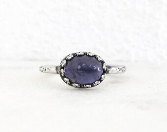 Iolite Sterling Silver Ring: Hammered Gemstone Band, US Size 6