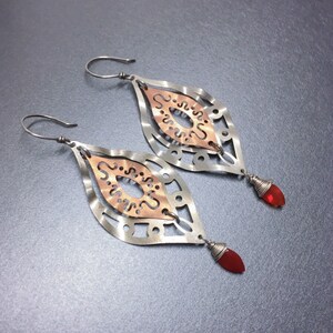 Rose gold plated & brushed sterling silver lace earrings with carnelian gemstones/ large but light-weight two tone statement earrings