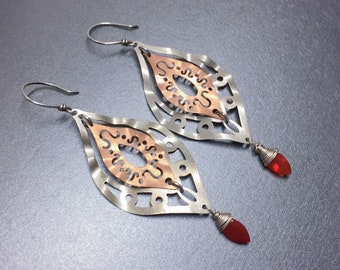 Rose gold plated & brushed sterling silver lace earrings with carnelian gemstones/ large but light-weight two tone statement earrings