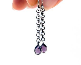 Oxidized Sterling Silver Amethyst Drop Earrings: February Birthstone Jewelry