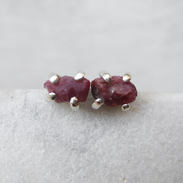 Rough ruby earrings, tiny raw red stone posts, organic sterling silver gemstone studs, dainty claw earrings, minimal prong stone earrings