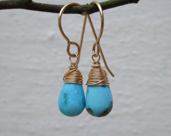 Gold turquoise dangle earrings, gold filled jewelry, gift for her, December birthstone jewelry, summer accessories, blue stone briolettes