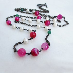 Long antiqued copper chain stone necklace with agate & pearls, bohemian jewelry, hot pink green and white stone necklace, boho chic jewelry