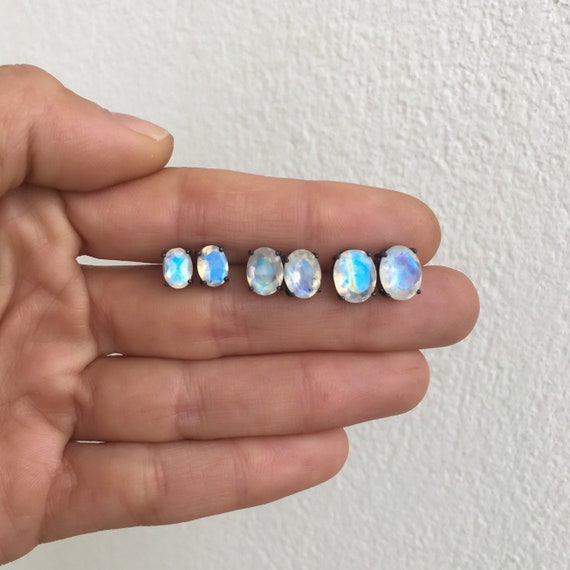 Faceted Rainbow Moonstone Post Stud Earrings Oval Sterling Silver Faceted Rainbow Moonstone Post Stud Earrings Oval Sterling Silver