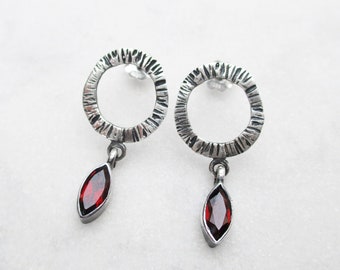 Oxidized Sterling Silver Garnet Earrings: Textured Hoop Posts, January Birthstone