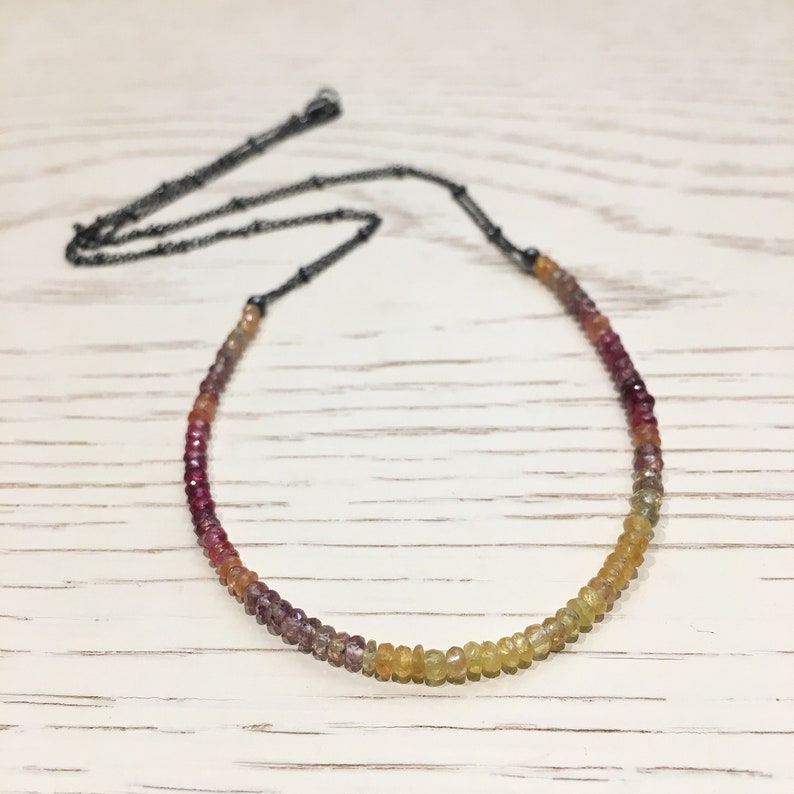 May include: A delicate necklace with a graduated ombre of gemstone beads, ranging from deep red to yellow. The necklace is made with a black chain.
